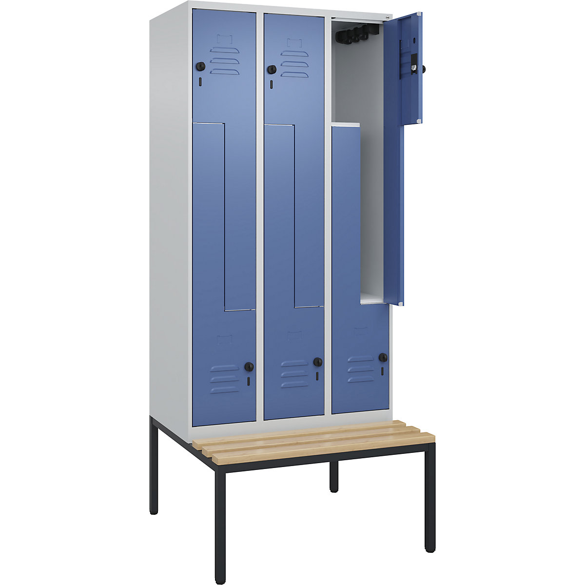 Armadietto a Z Classic PLUS con panca – C+P, 3 scomparti, grigio chiaro / indaco, largh. 900 mm, serratura girevole di sicurezza, panca integrata, legno duro di faggio-0