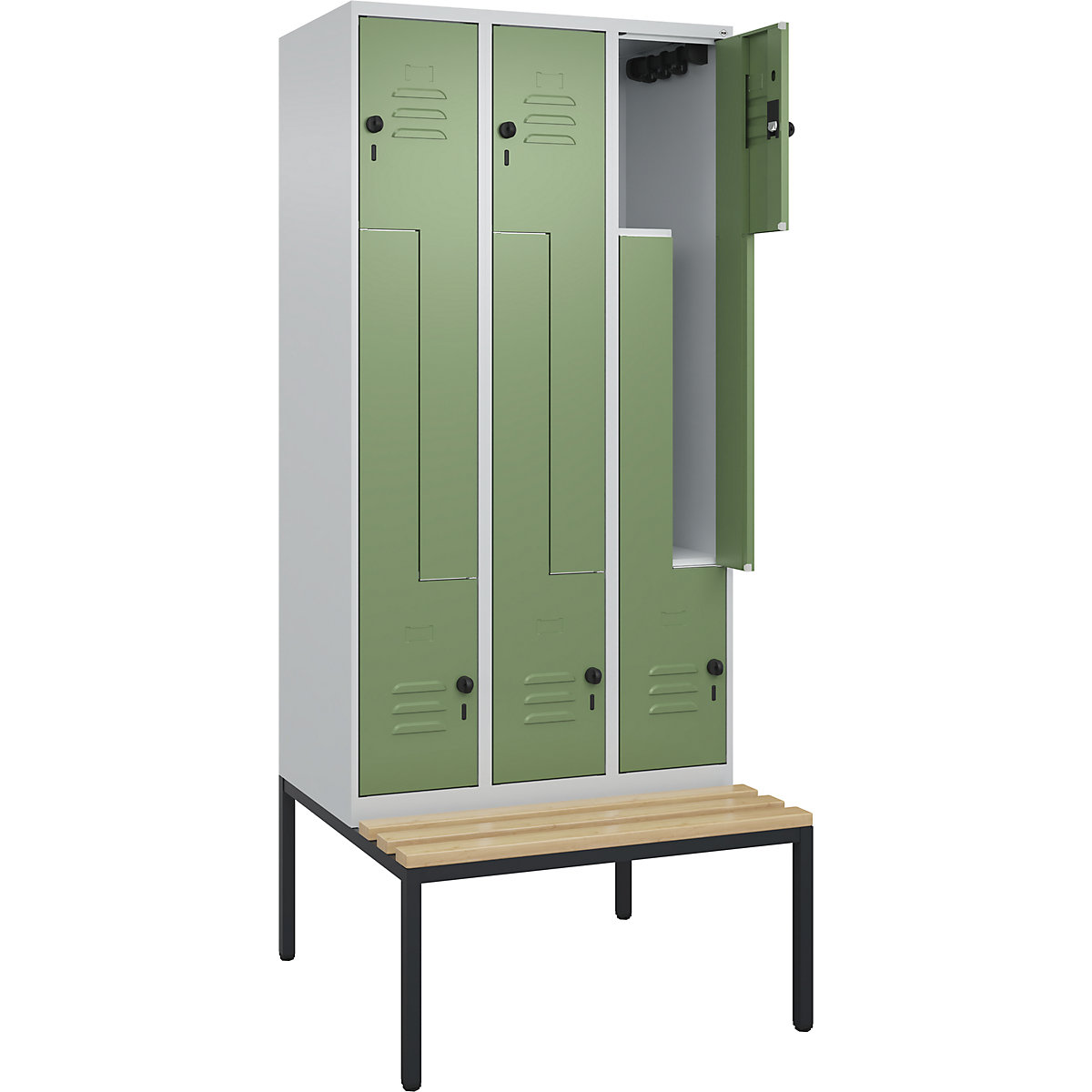 Armadietto a Z Classic PLUS con panca – C+P, 3 scomparti, grigio chiaro / verde reseda, largh. 900 mm, serratura girevole di sicurezza, panca integrata, legno duro di faggio-0