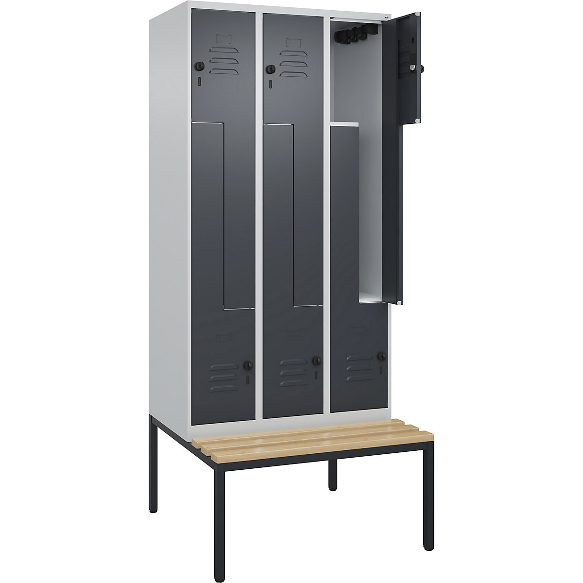 Armadietto a Z Classic PLUS con panca – C+P, 3 scomparti, grigio chiaro / grigio, largh. 900 mm, serratura girevole di sicurezza, panca integrata, legno duro di faggio-0