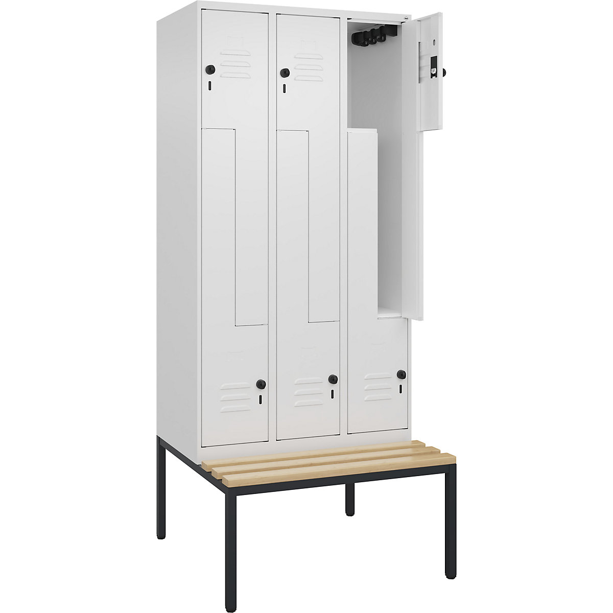 Armadietto a Z Classic PLUS con panca – C+P, 3 scomparti, bianco traffico, largh. 900 mm, serratura girevole di sicurezza, panca integrata, legno duro di faggio-0