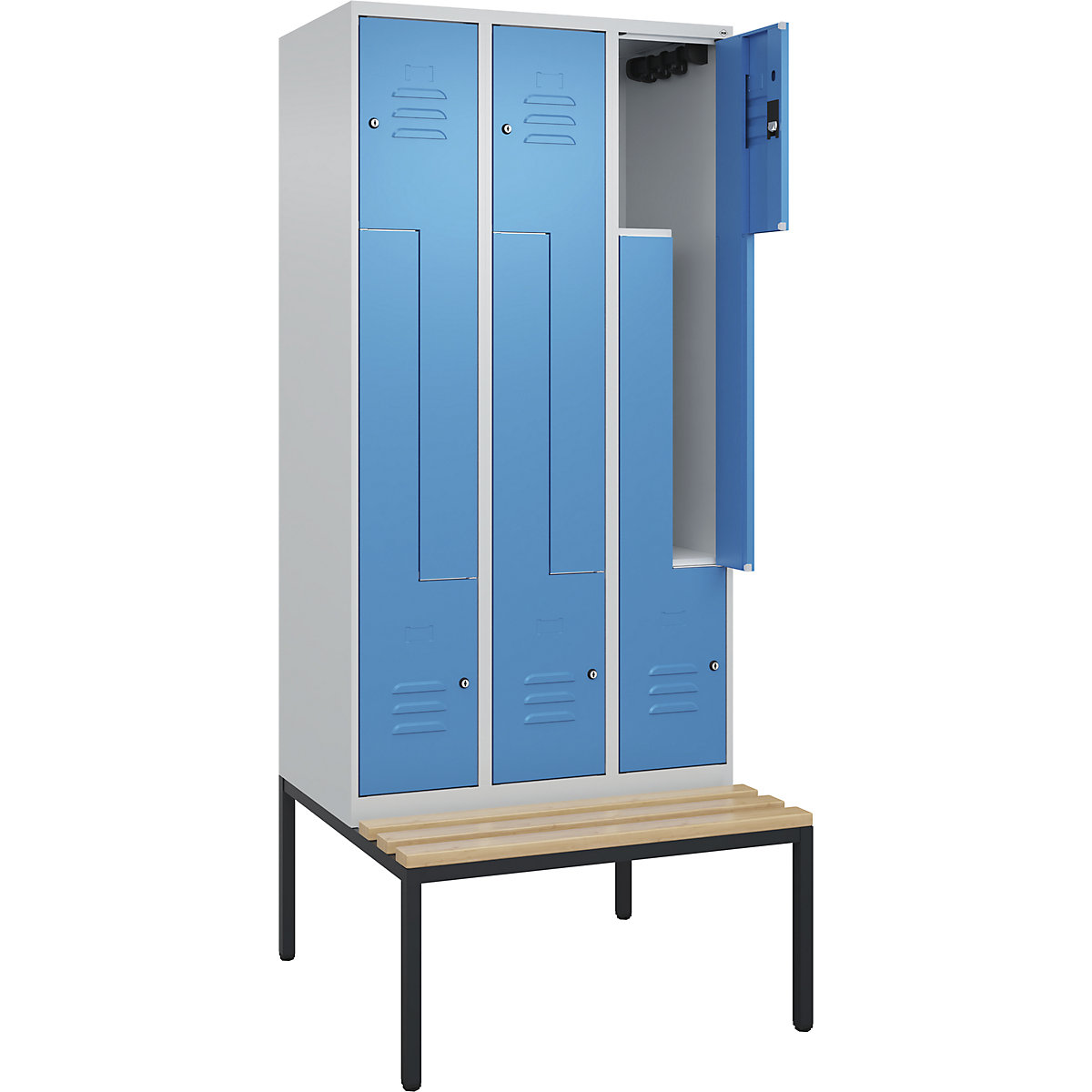 Armadietto a Z Classic PLUS con panca – C+P, 3 scomparti, grigio chiaro / blu chiaro, largh. 900 mm, serratura a cilindro, panca integrata, legno duro di faggio-0