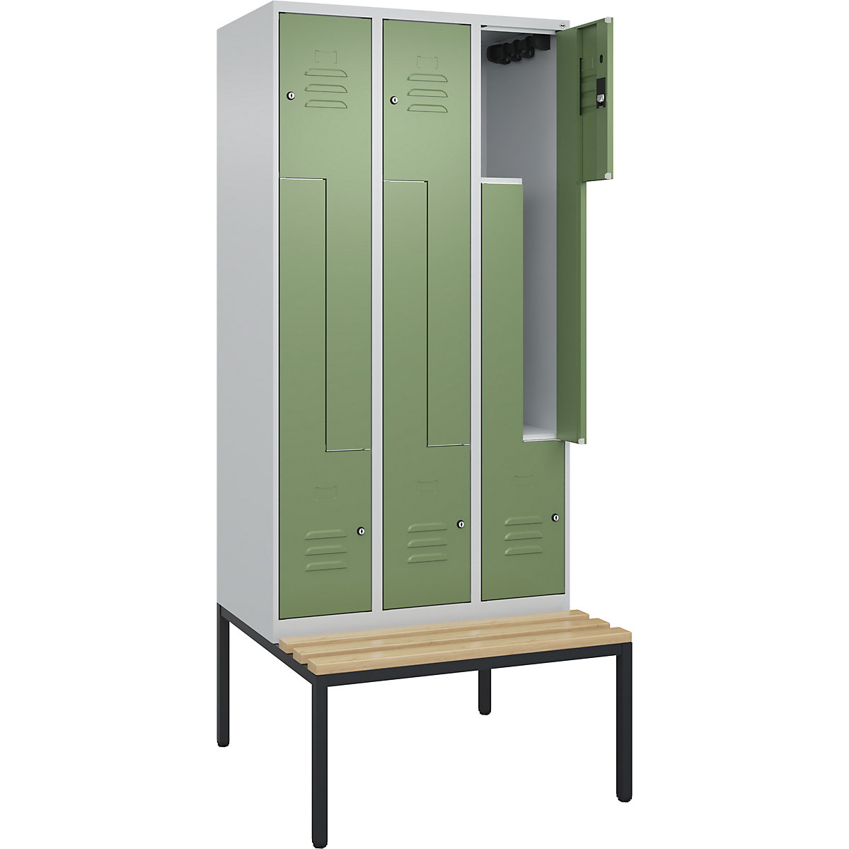 Armadietto a Z Classic PLUS con panca – C+P, 3 scomparti, grigio chiaro / verde reseda, largh. 900 mm, serratura a cilindro, panca integrata, legno duro di faggio-0
