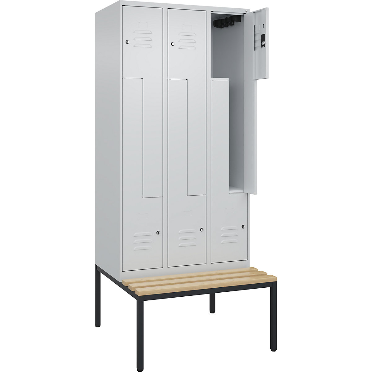 Armadietto a Z Classic PLUS con panca – C+P, 3 scomparti, grigio chiaro, largh. 900 mm, serratura a cilindro, panca integrata, legno duro di faggio-0