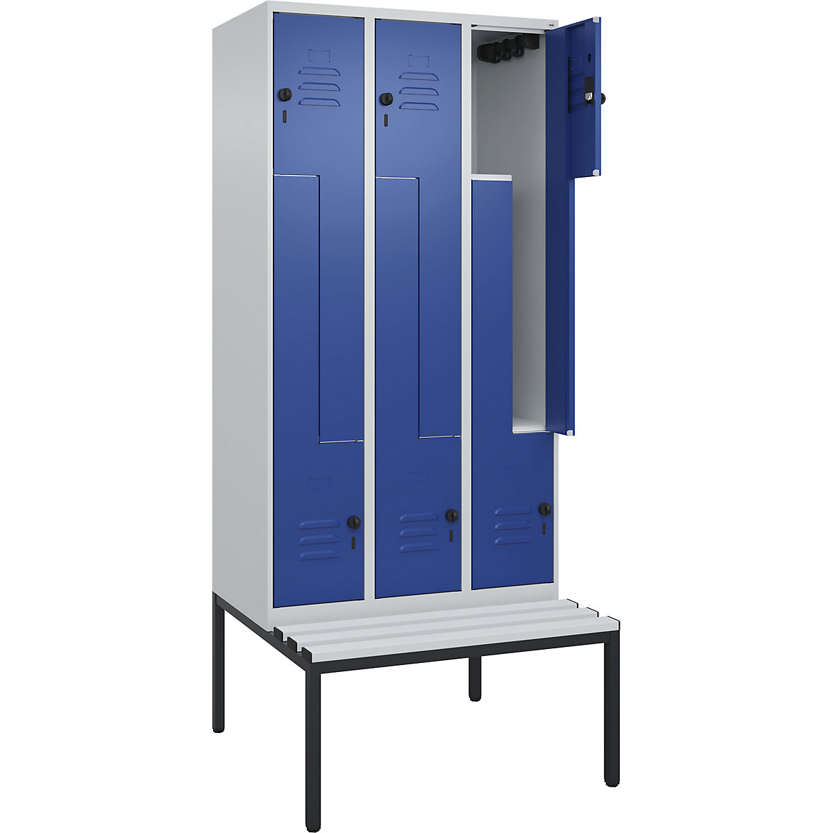 Armadietto a Z Classic PLUS con panca – C+P, 3 scomparti, grigio chiaro / blu genziana, largh. 900 mm, serratura girevole di sicurezza, panca integrata, plastica-0