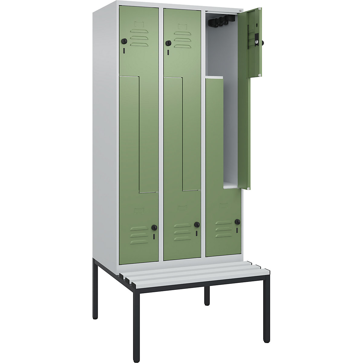 Armadietto a Z Classic PLUS con panca – C+P, 3 scomparti, grigio chiaro / verde reseda, largh. 900 mm, serratura girevole di sicurezza, panca integrata, plastica-0
