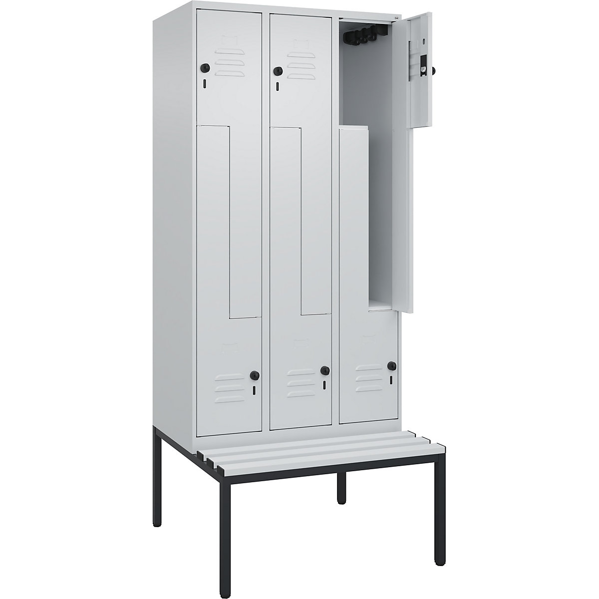 Armadietto a Z Classic PLUS con panca – C+P, 3 scomparti, grigio chiaro, largh. 900 mm, serratura girevole di sicurezza, panca integrata, plastica-0