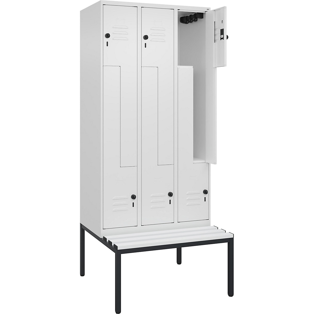 Armadietto a Z Classic PLUS con panca – C+P, 3 scomparti, bianco traffico, largh. 900 mm, serratura girevole di sicurezza, panca integrata, plastica-0