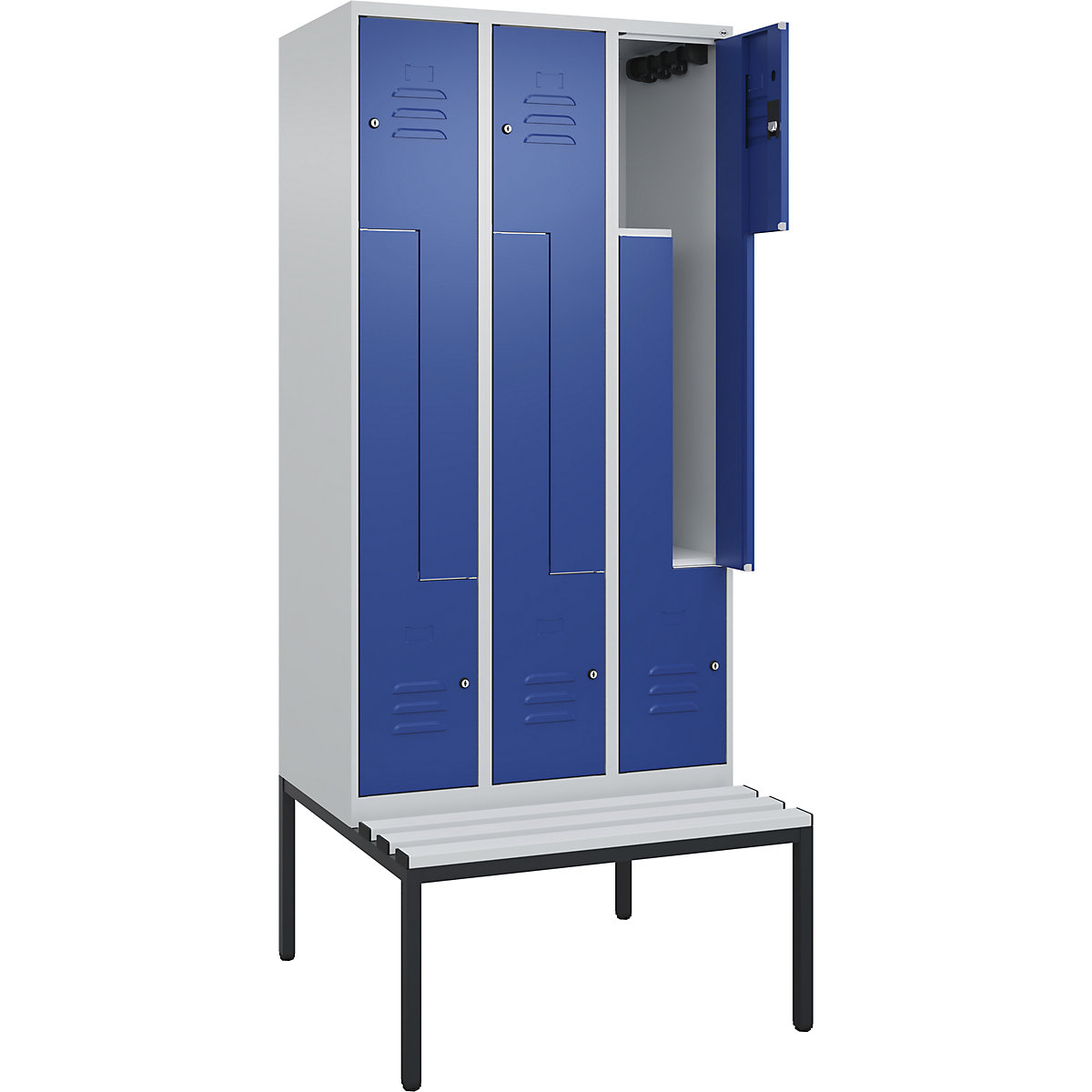 Armadietto a Z Classic PLUS con panca – C+P, 3 scomparti, grigio chiaro / blu genziana, largh. 900 mm, serratura a cilindro, panca integrata, plastica-0