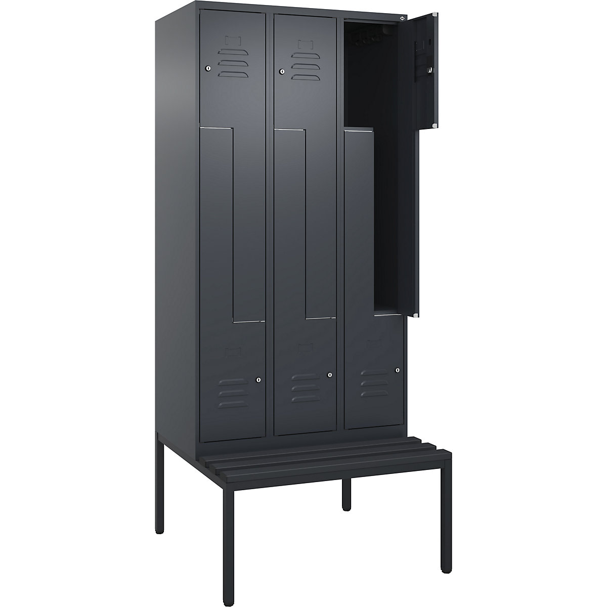 Armadietto a Z Classic PLUS con panca – C+P, 3 scomparti, grigio, largh. 900 mm, serratura a cilindro, panca integrata, plastica-0