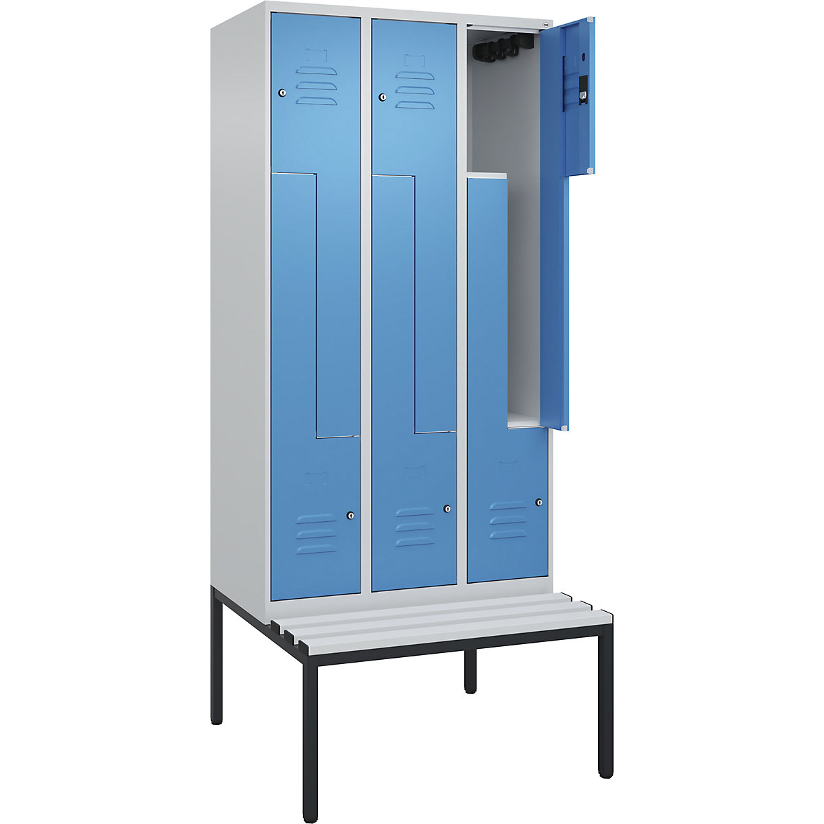 Armadietto a Z Classic PLUS con panca – C+P, 3 scomparti, grigio chiaro / blu chiaro, largh. 900 mm, serratura a cilindro, panca integrata, plastica-0