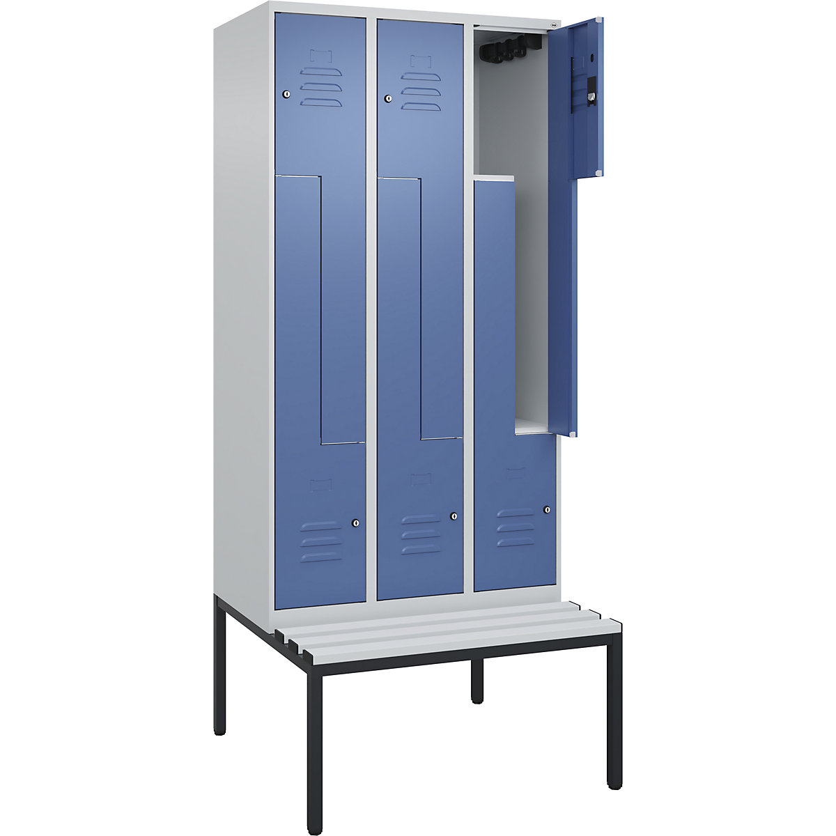 Armadietto a Z Classic PLUS con panca – C+P, 3 scomparti, grigio chiaro / indaco, largh. 900 mm, serratura a cilindro, panca integrata, plastica-0