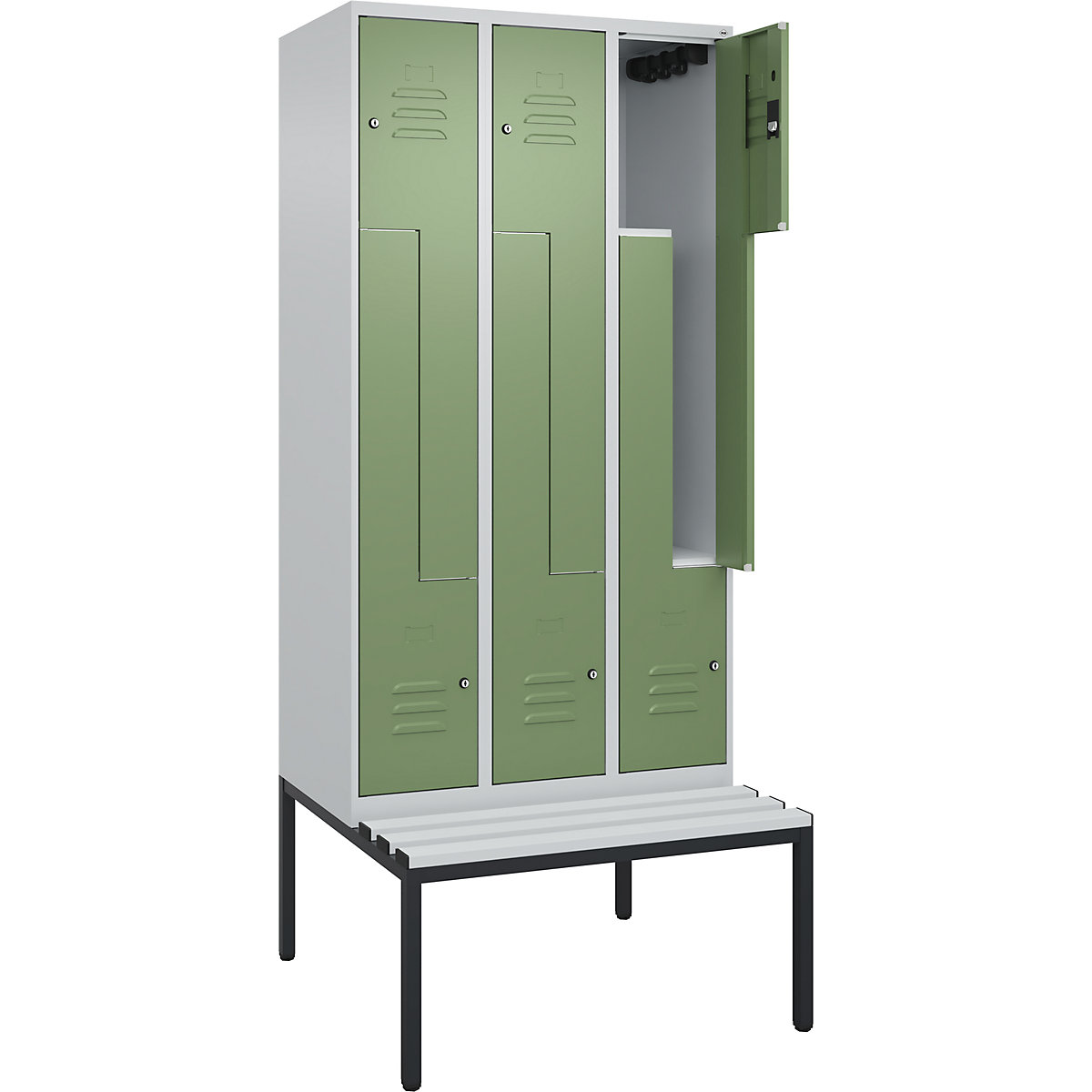 Armadietto a Z Classic PLUS con panca – C+P, 3 scomparti, grigio chiaro / verde reseda, largh. 900 mm, serratura a cilindro, panca integrata, plastica-0