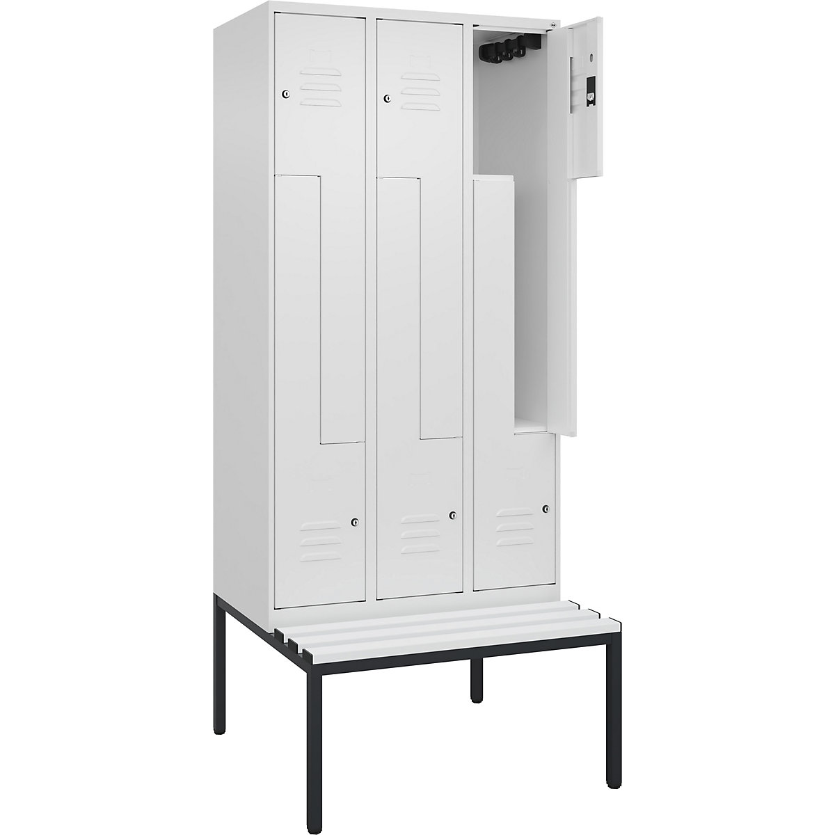 Armadietto a Z Classic PLUS con panca – C+P, 3 scomparti, bianco traffico, largh. 900 mm, serratura a cilindro, panca integrata, plastica-0