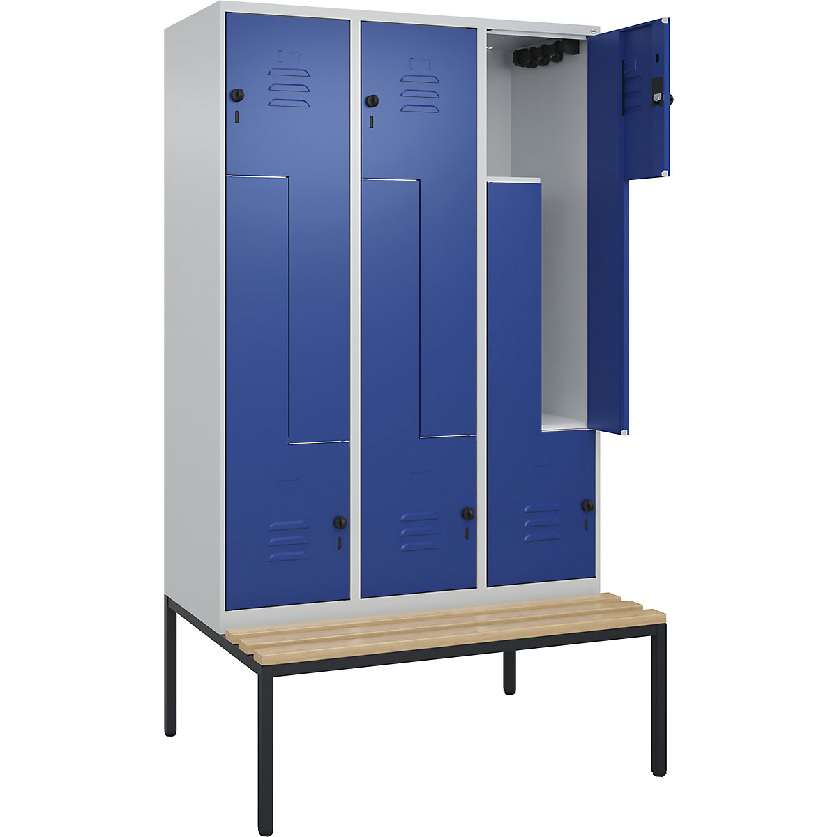 Armadietto a Z Classic PLUS con panca – C+P, 3 scomparti, grigio chiaro / blu genziana, largh. 1200 mm, serratura girevole di sicurezza, panca integrata, legno duro di faggio-0