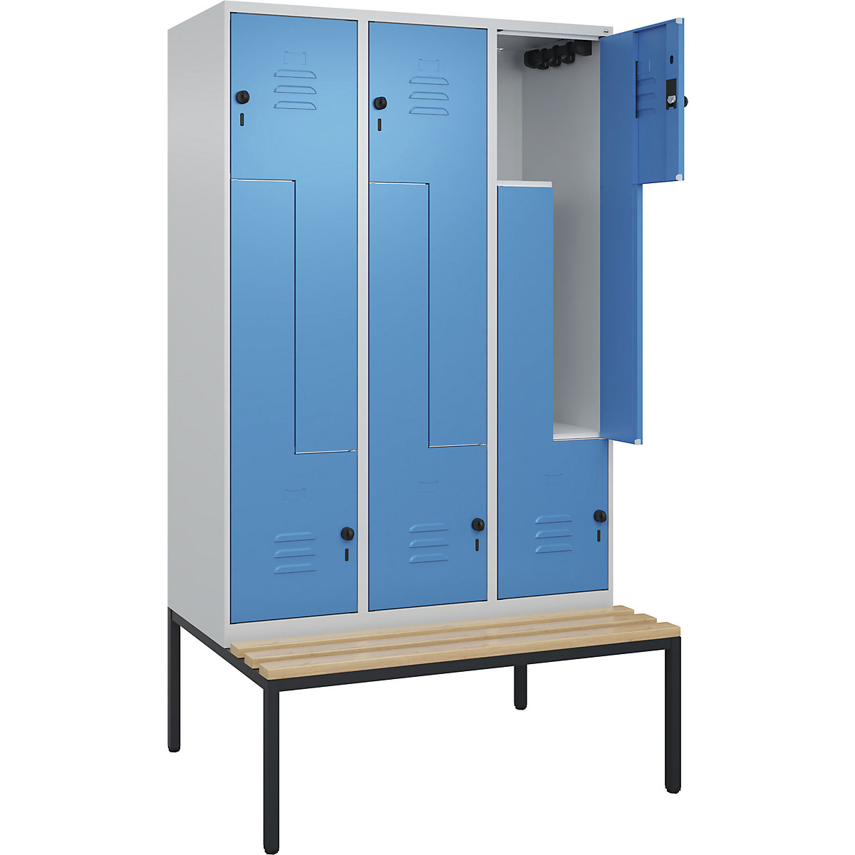 Armadietto a Z Classic PLUS con panca – C+P, 3 scomparti, grigio chiaro / blu chiaro, largh. 1200 mm, serratura girevole di sicurezza, panca integrata, legno duro di faggio-0