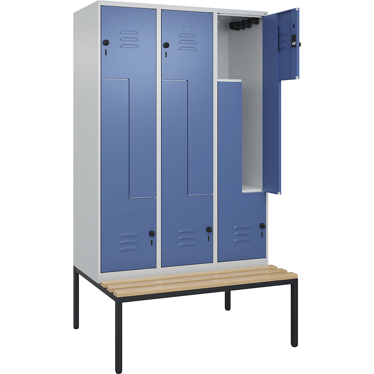 Armadietto a Z Classic PLUS con panca – C+P, 3 scomparti, grigio chiaro / indaco, largh. 1200 mm, serratura girevole di sicurezza, panca integrata, legno duro di faggio-0