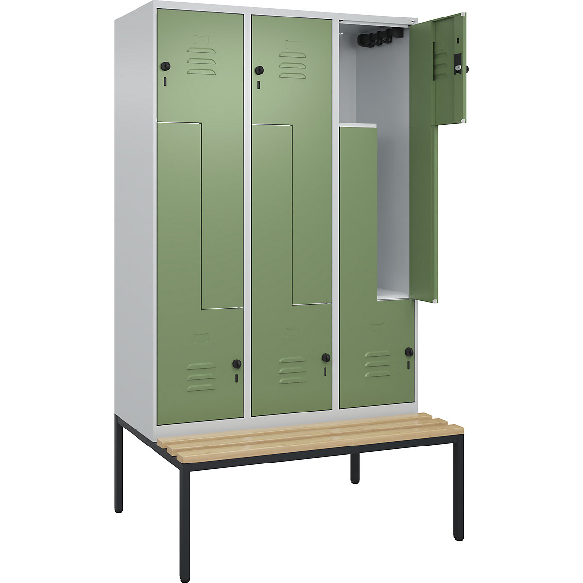 Armadietto a Z Classic PLUS con panca – C+P, 3 scomparti, grigio chiaro / verde reseda, largh. 1200 mm, serratura girevole di sicurezza, panca integrata, legno duro di faggio-0