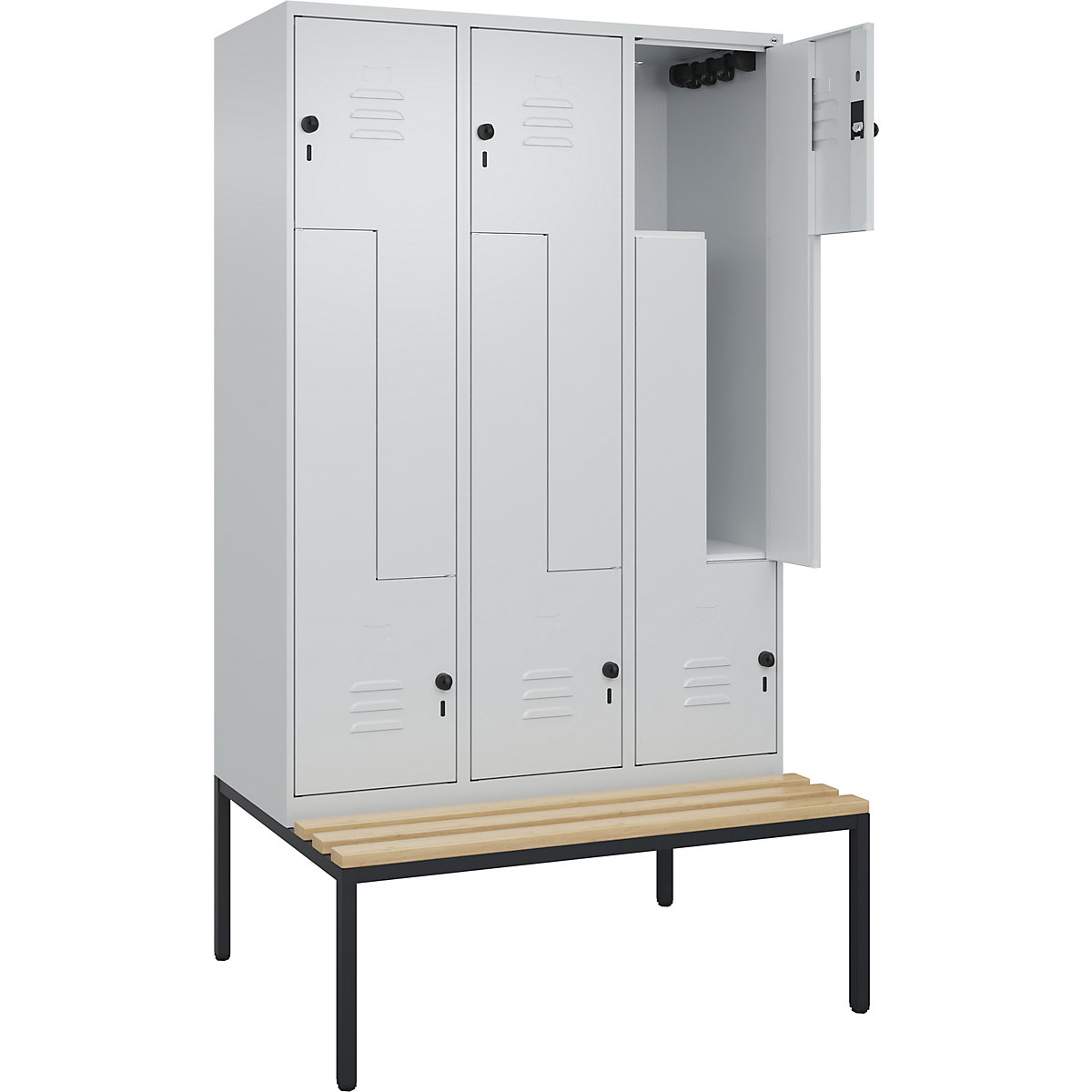 Armadietto a Z Classic PLUS con panca – C+P, 3 scomparti, grigio chiaro, largh. 1200 mm, serratura girevole di sicurezza, panca integrata, legno duro di faggio-0