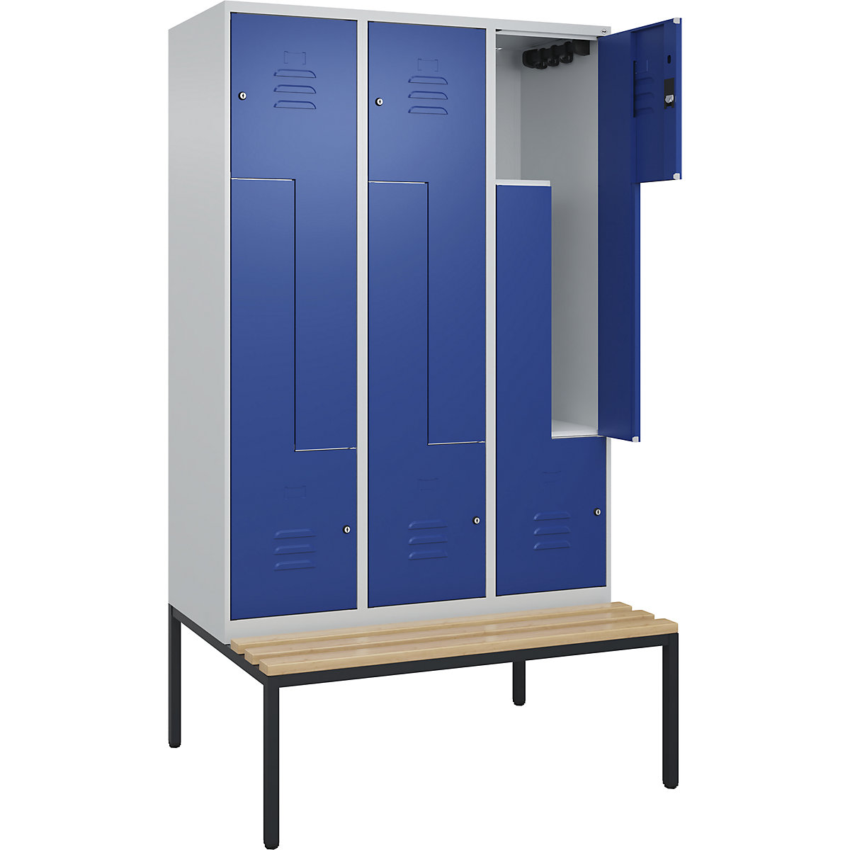 Armadietto a Z Classic PLUS con panca – C+P, 3 scomparti, grigio chiaro / blu genziana, largh. 1200 mm, serratura a cilindro, panca integrata, legno duro di faggio-0