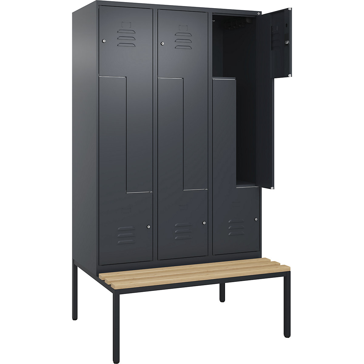 Armadietto a Z Classic PLUS con panca – C+P, 3 scomparti, grigio, largh. 1200 mm, serratura a cilindro, panca integrata, legno duro di faggio-0