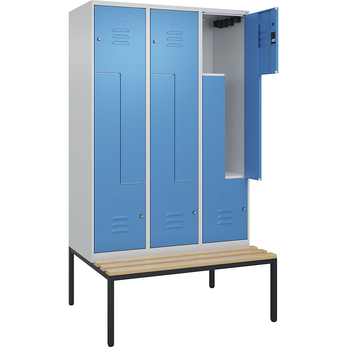 Armadietto a Z Classic PLUS con panca – C+P, 3 scomparti, grigio chiaro / blu chiaro, largh. 1200 mm, serratura a cilindro, panca integrata, legno duro di faggio-0