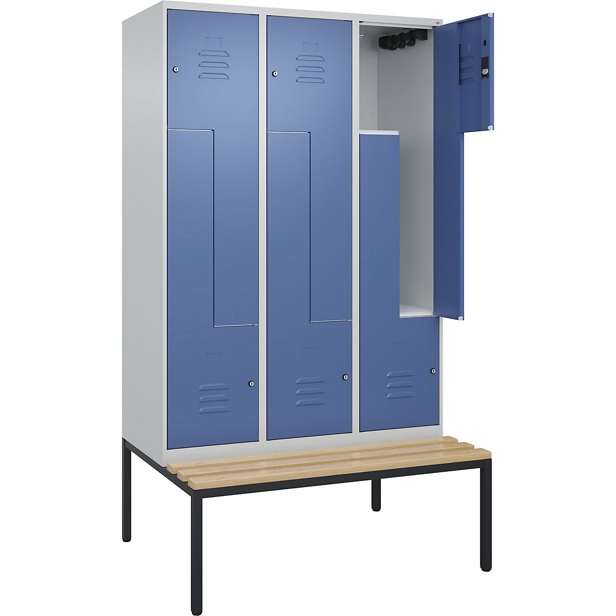 Armadietto a Z Classic PLUS con panca – C+P, 3 scomparti, grigio chiaro / indaco, largh. 1200 mm, serratura a cilindro, panca integrata, legno duro di faggio-0