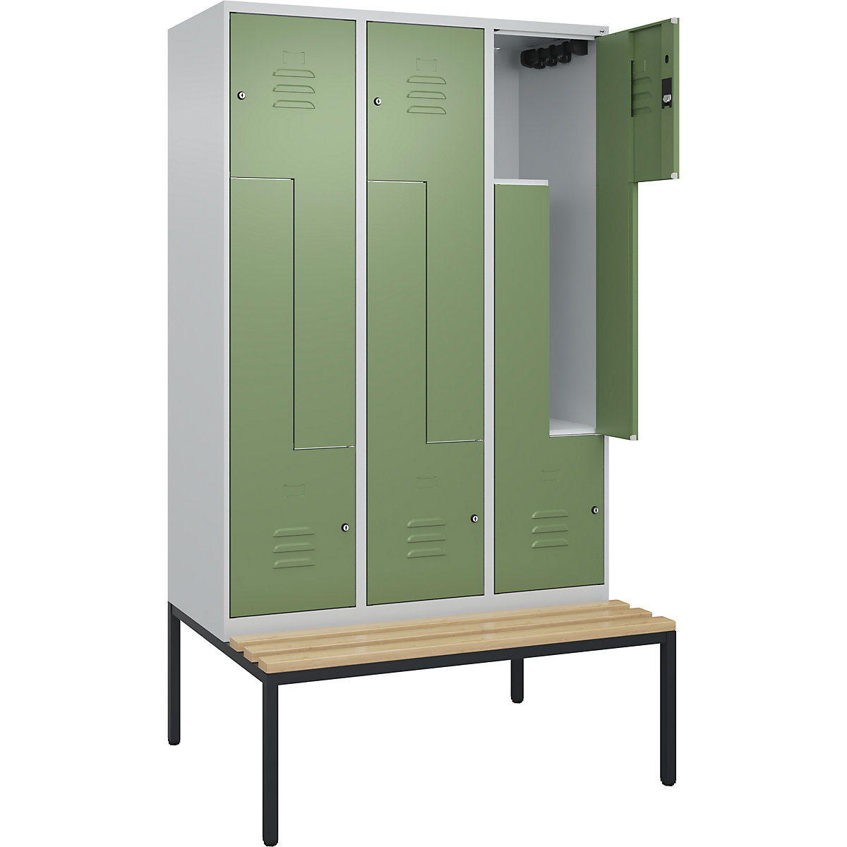 Armadietto a Z Classic PLUS con panca – C+P, 3 scomparti, grigio chiaro / verde reseda, largh. 1200 mm, serratura a cilindro, panca integrata, legno duro di faggio-0