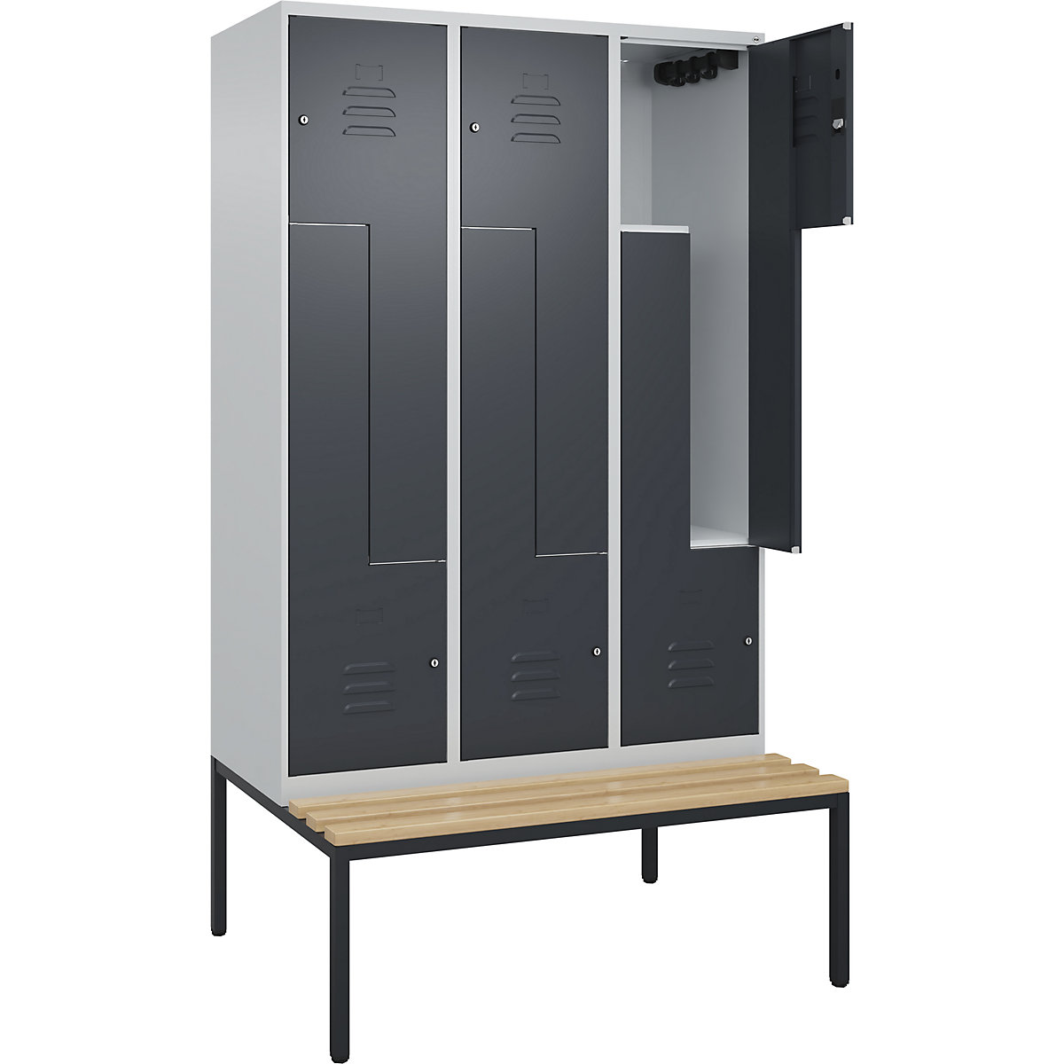 Armadietto a Z Classic PLUS con panca – C+P, 3 scomparti, grigio chiaro / grigio, largh. 1200 mm, serratura a cilindro, panca integrata, legno duro di faggio-0
