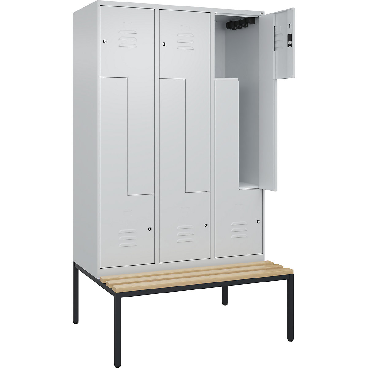 Armadietto a Z Classic PLUS con panca – C+P, 3 scomparti, grigio chiaro, largh. 1200 mm, serratura a cilindro, panca integrata, legno duro di faggio-0