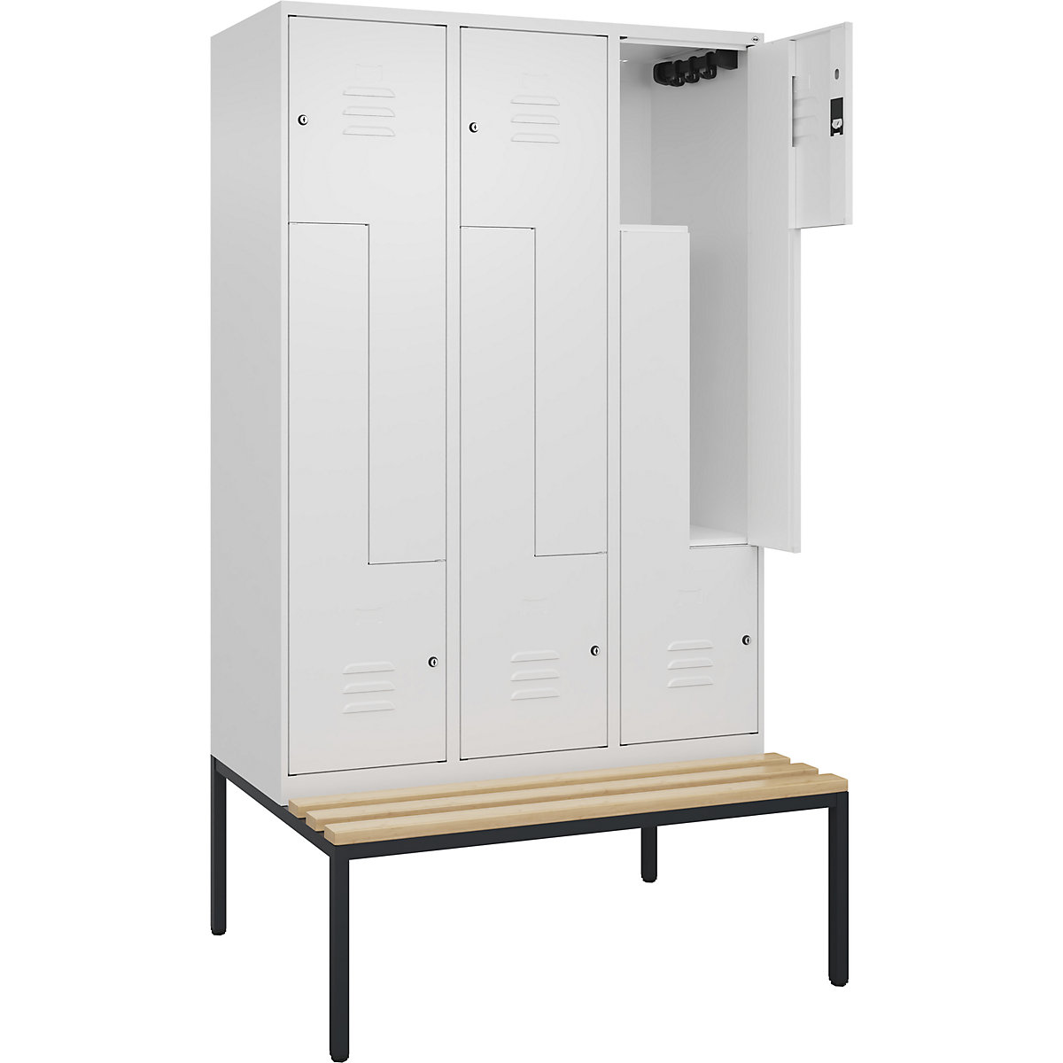 Armadietto a Z Classic PLUS con panca – C+P, 3 scomparti, bianco traffico, largh. 1200 mm, serratura a cilindro, panca integrata, legno duro di faggio-0