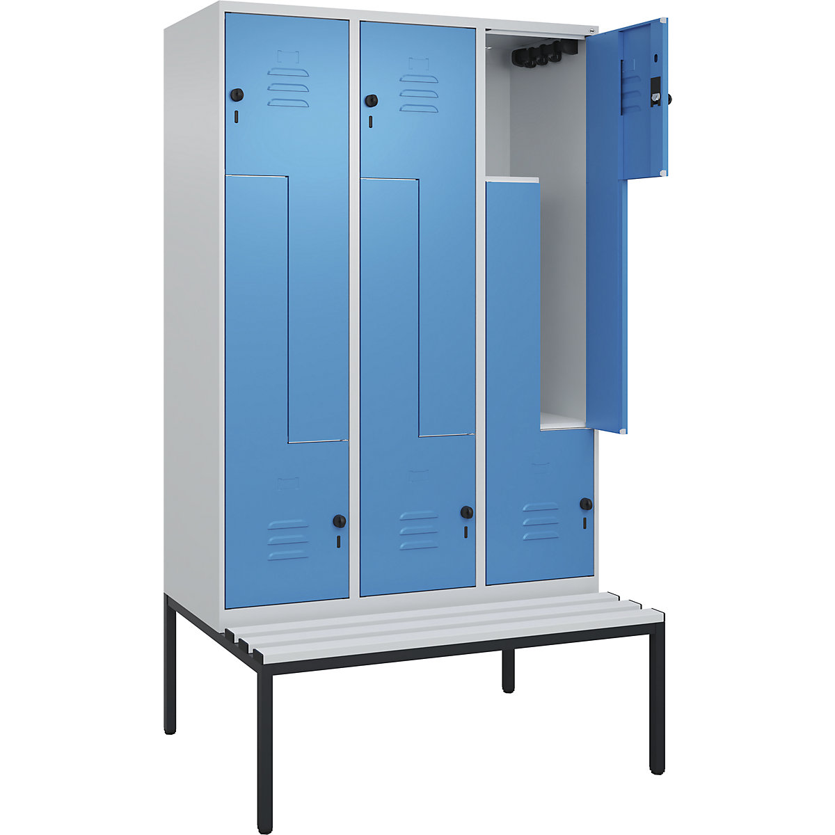 Armadietto a Z Classic PLUS con panca – C+P, 3 scomparti, grigio chiaro / blu chiaro, largh. 1200 mm, serratura girevole di sicurezza, panca integrata, plastica-0