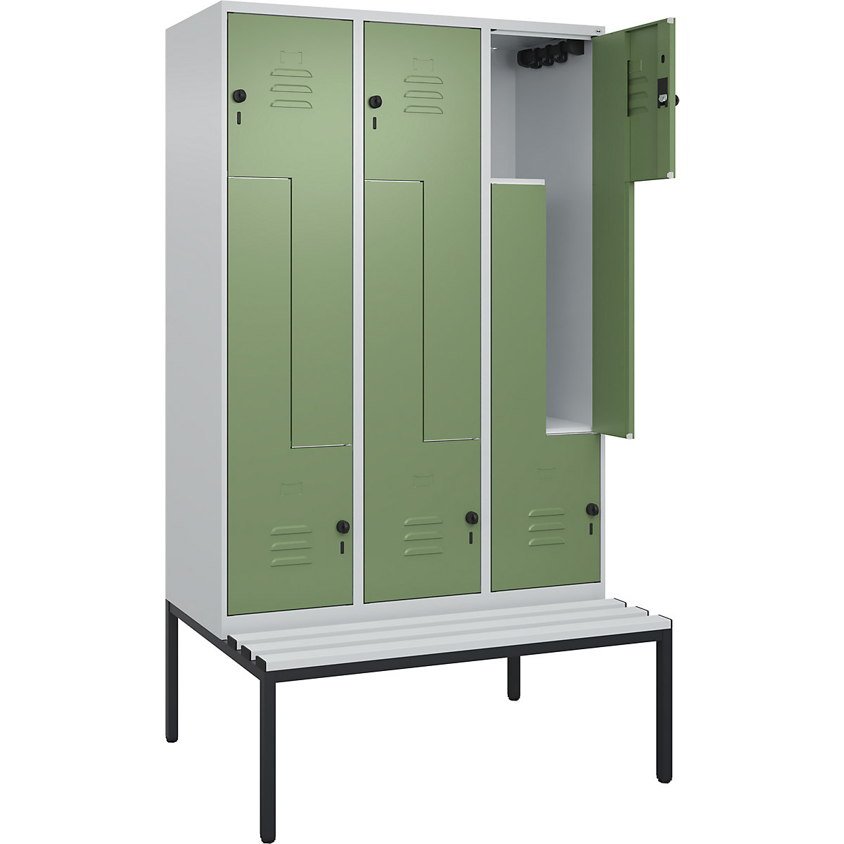 Armadietto a Z Classic PLUS con panca – C+P, 3 scomparti, grigio chiaro / verde reseda, largh. 1200 mm, serratura girevole di sicurezza, panca integrata, plastica-0