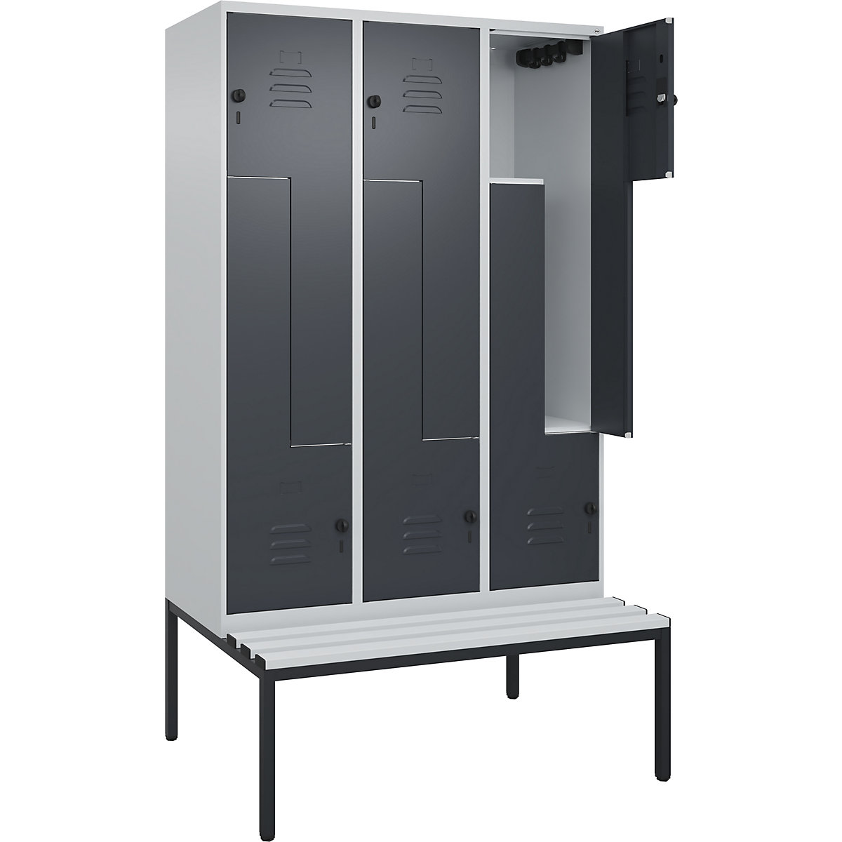 Armadietto a Z Classic PLUS con panca – C+P, 3 scomparti, grigio chiaro / grigio, largh. 1200 mm, serratura girevole di sicurezza, panca integrata, plastica-0
