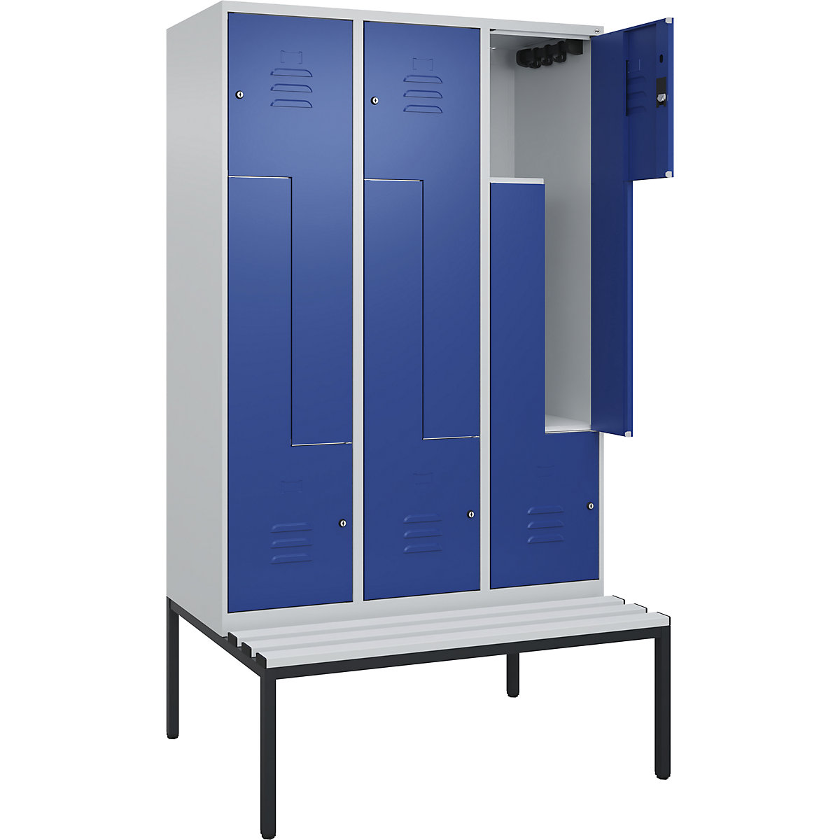 Armadietto a Z Classic PLUS con panca – C+P, 3 scomparti, grigio chiaro / blu genziana, largh. 1200 mm, serratura a cilindro, panca integrata, plastica-0