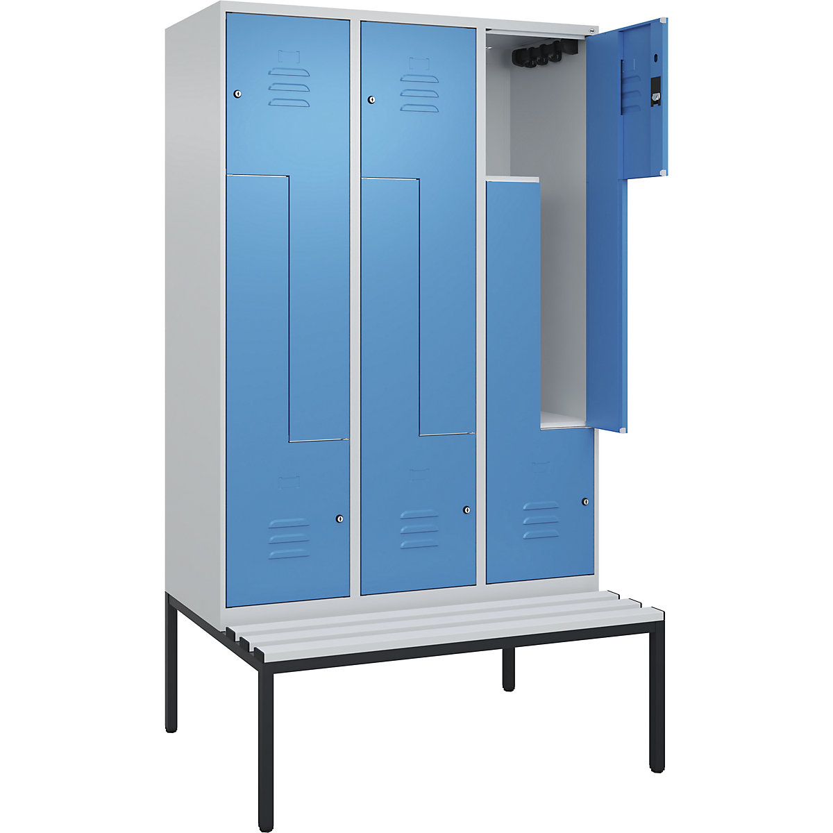 Armadietto a Z Classic PLUS con panca – C+P, 3 scomparti, grigio chiaro / blu chiaro, largh. 1200 mm, serratura a cilindro, panca integrata, plastica-0
