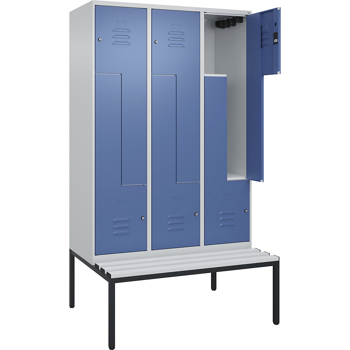 Armadietto a Z Classic PLUS con panca – C+P, 3 scomparti, grigio chiaro / indaco, largh. 1200 mm, serratura a cilindro, panca integrata, plastica-0