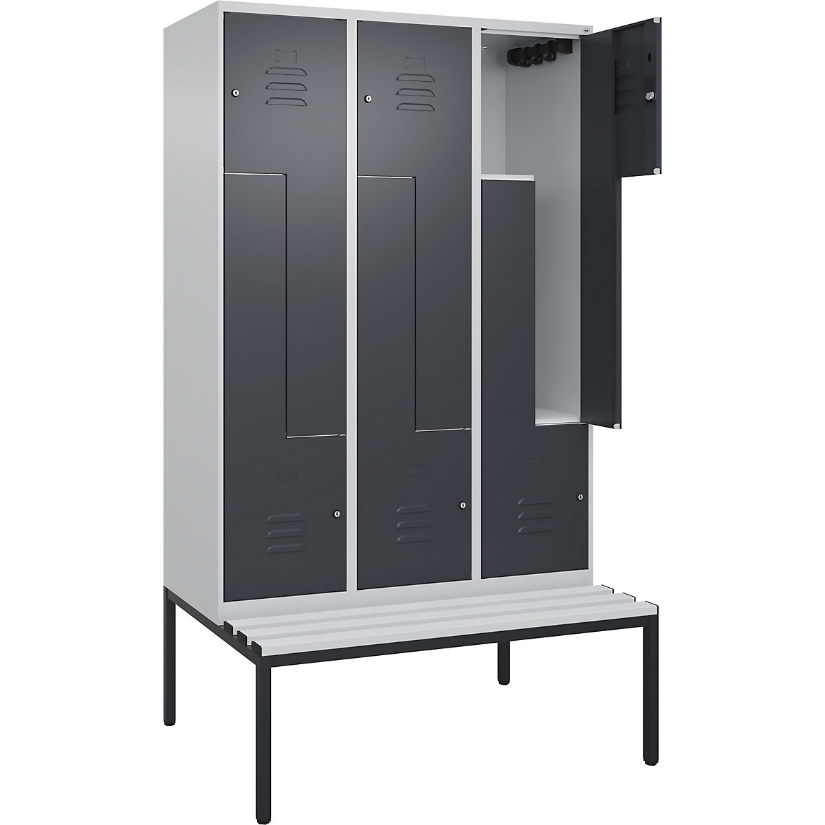 Armadietto a Z Classic PLUS con panca – C+P, 3 scomparti, grigio chiaro / grigio, largh. 1200 mm, serratura a cilindro, panca integrata, plastica-0