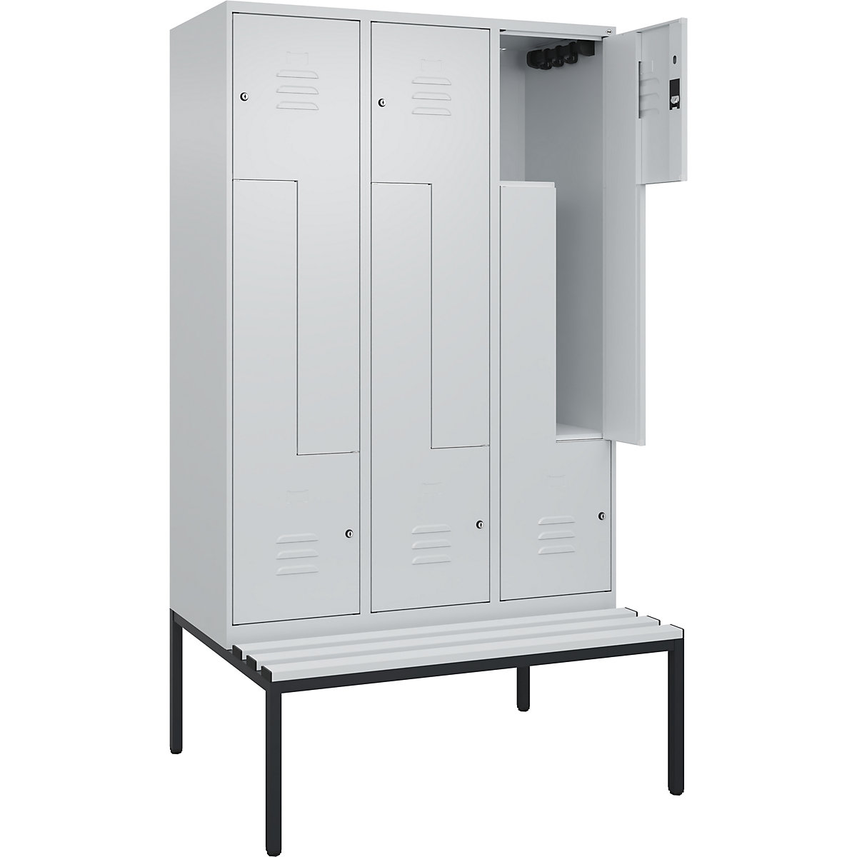 Armadietto a Z Classic PLUS con panca – C+P, 3 scomparti, grigio chiaro, largh. 1200 mm, serratura a cilindro, panca integrata, plastica-0