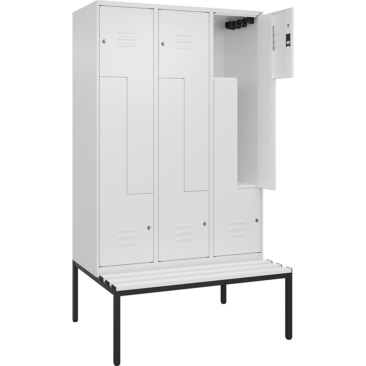 Armadietto a Z Classic PLUS con panca – C+P, 3 scomparti, bianco traffico, largh. 1200 mm, serratura a cilindro, panca integrata, plastica-0