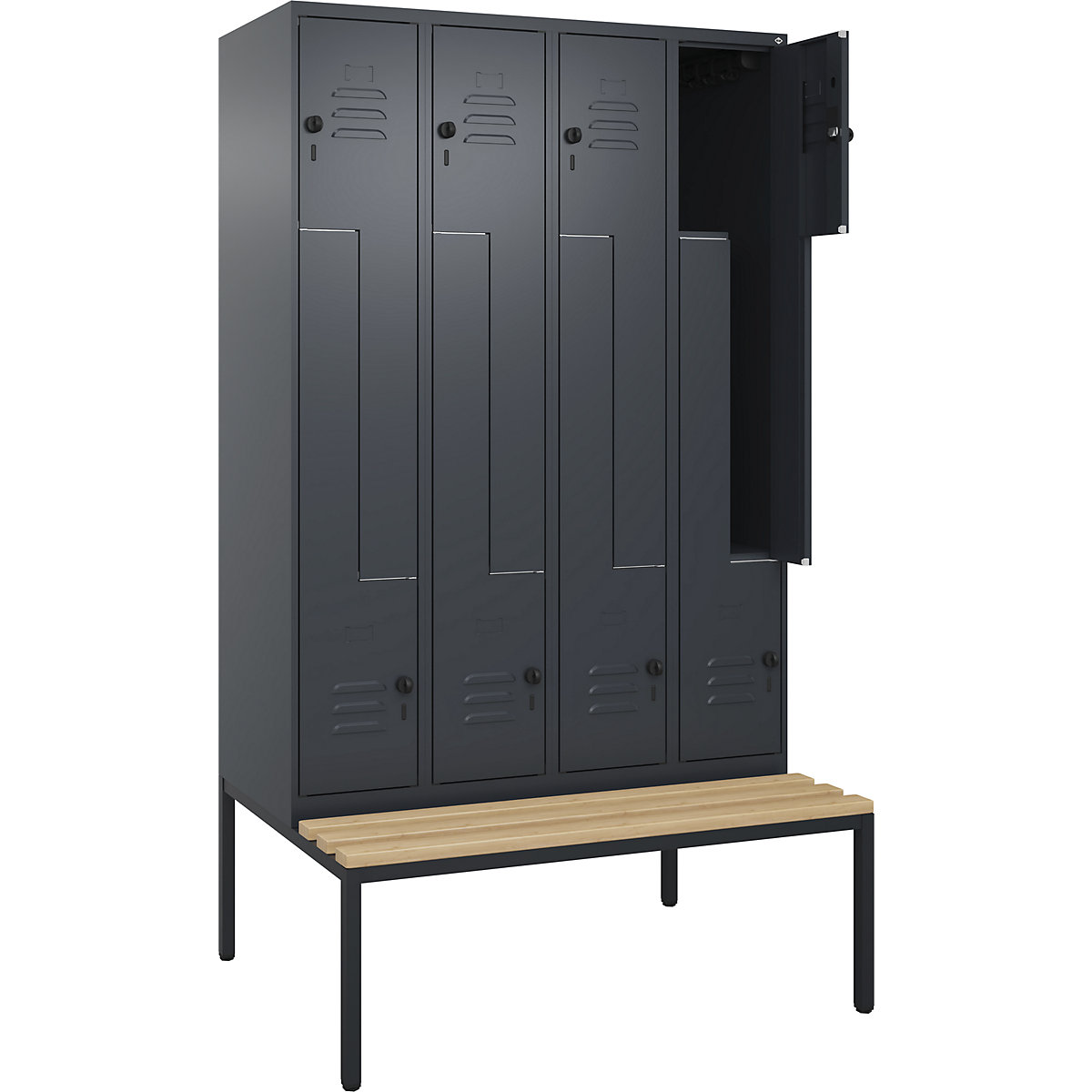 Armadietto a Z Classic PLUS con panca – C+P, 4 scomparti, grigio, largh. 1200 mm, serratura girevole di sicurezza, panca integrata, legno duro di faggio-0
