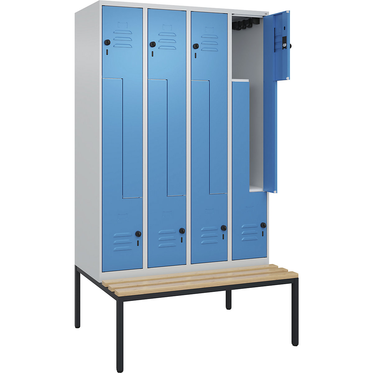 Armadietto a Z Classic PLUS con panca – C+P, 4 scomparti, grigio chiaro / blu chiaro, largh. 1200 mm, serratura girevole di sicurezza, panca integrata, legno duro di faggio-0