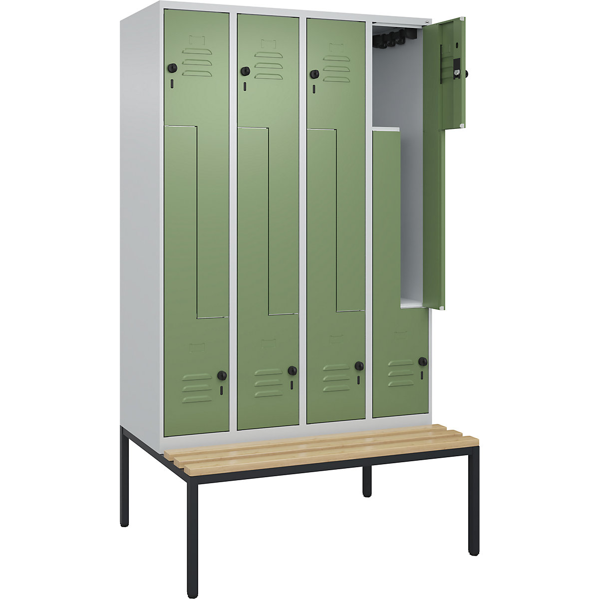 Armadietto a Z Classic PLUS con panca – C+P, 4 scomparti, grigio chiaro / verde reseda, largh. 1200 mm, serratura girevole di sicurezza, panca integrata, legno duro di faggio-0
