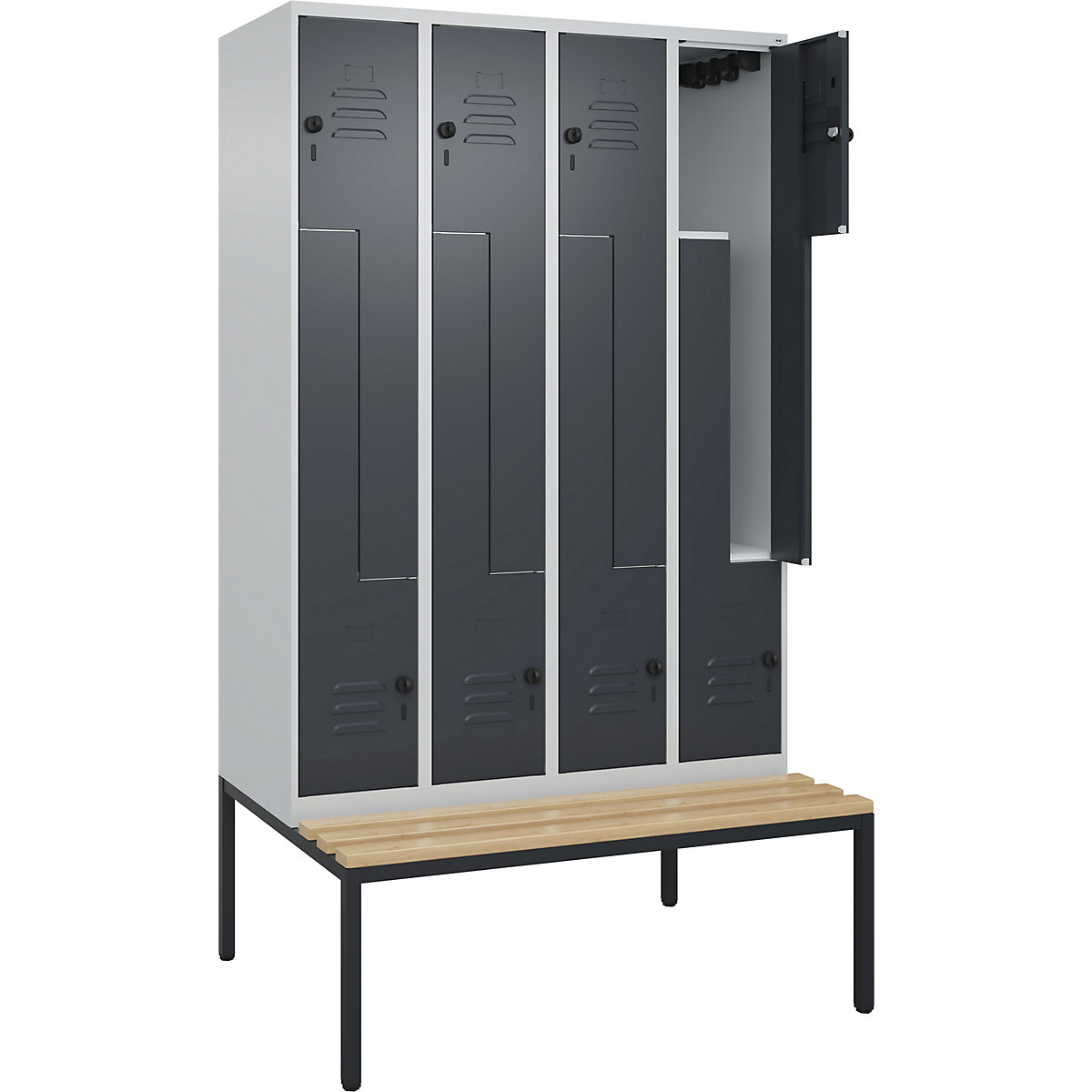 Armadietto a Z Classic PLUS con panca – C+P, 4 scomparti, grigio chiaro / grigio, largh. 1200 mm, serratura girevole di sicurezza, panca integrata, legno duro di faggio-0