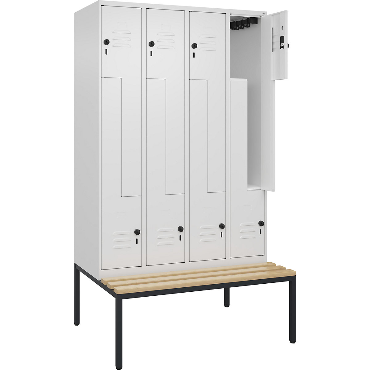 Armadietto a Z Classic PLUS con panca – C+P, 4 scomparti, bianco traffico, largh. 1200 mm, serratura girevole di sicurezza, panca integrata, legno duro di faggio-0