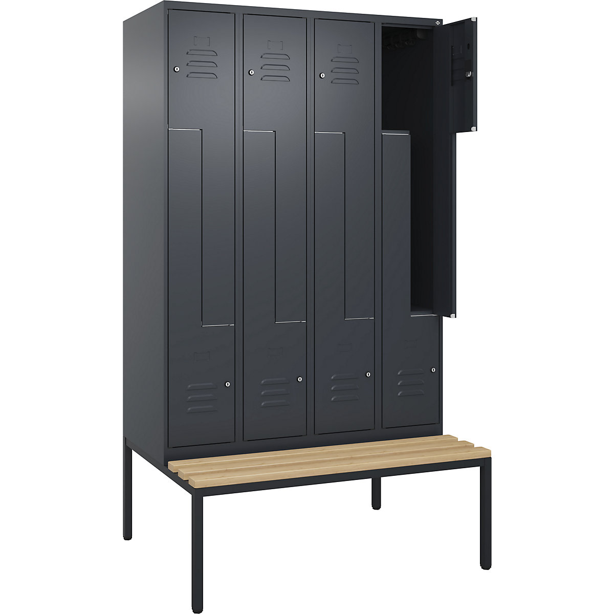 Armadietto a Z Classic PLUS con panca – C+P, 4 scomparti, grigio, largh. 1200 mm, serratura a cilindro, panca integrata, legno duro di faggio-0