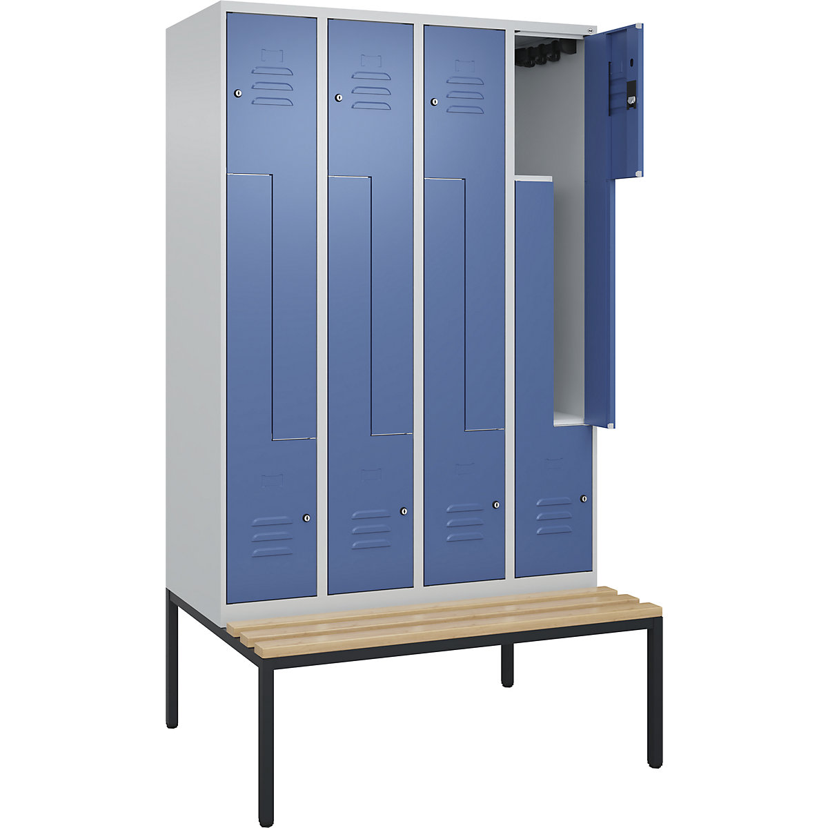 Armadietto a Z Classic PLUS con panca – C+P, 4 scomparti, grigio chiaro / indaco, largh. 1200 mm, serratura a cilindro, panca integrata, legno duro di faggio-0