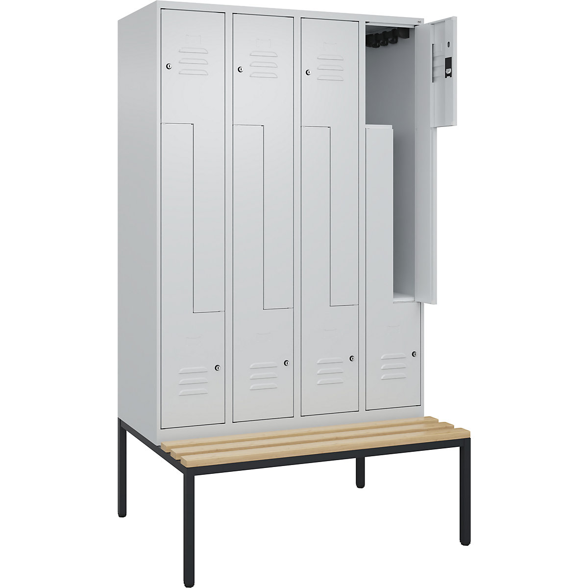 Armadietto a Z Classic PLUS con panca – C+P, 4 scomparti, grigio chiaro, largh. 1200 mm, serratura a cilindro, panca integrata, legno duro di faggio-0