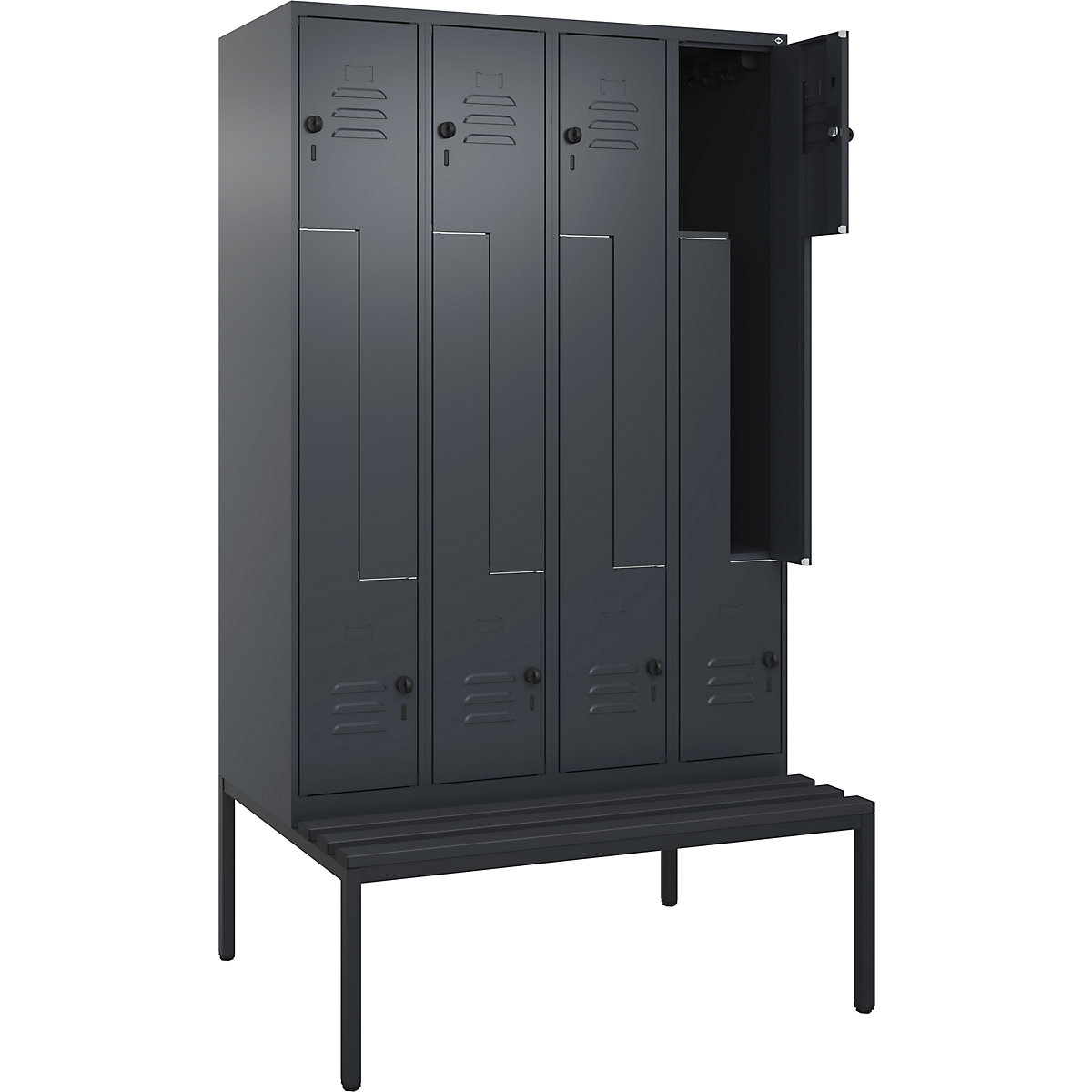 Armadietto a Z Classic PLUS con panca – C+P, 4 scomparti, grigio, largh. 1200 mm, serratura girevole di sicurezza, panca integrata, plastica-0