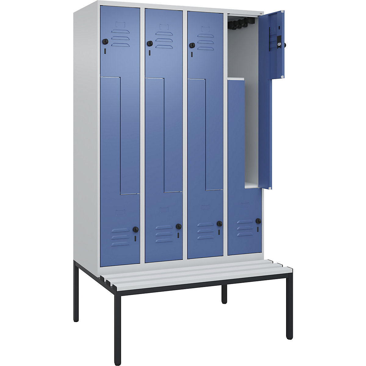 Armadietto a Z Classic PLUS con panca – C+P, 4 scomparti, grigio chiaro / indaco, largh. 1200 mm, serratura girevole di sicurezza, panca integrata, plastica-0