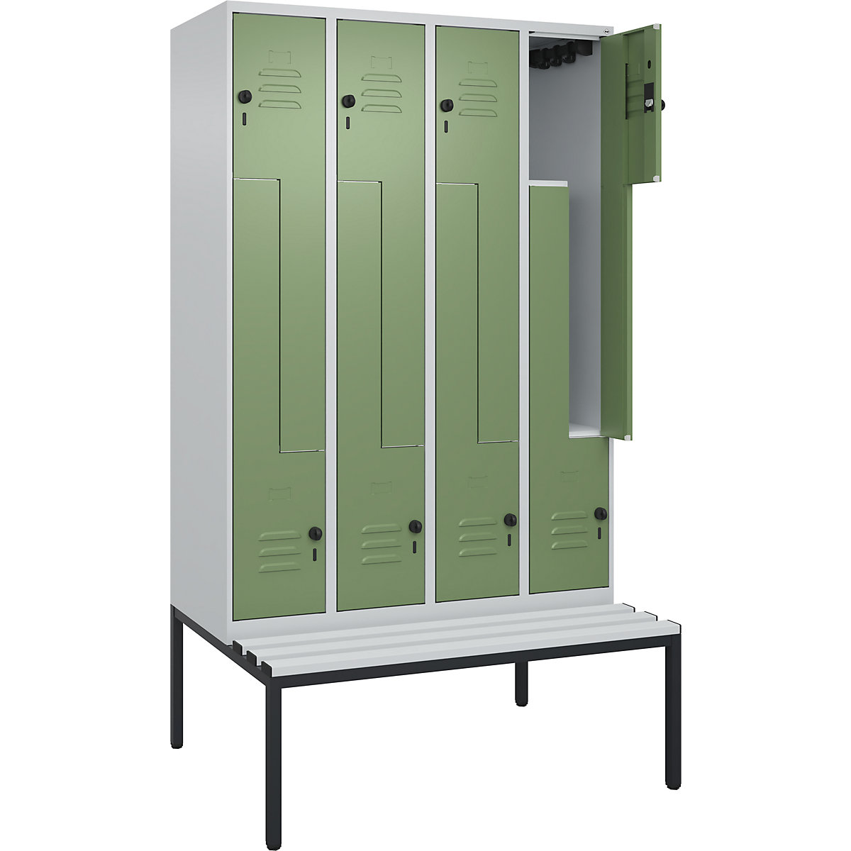 Armadietto a Z Classic PLUS con panca – C+P, 4 scomparti, grigio chiaro / verde reseda, largh. 1200 mm, serratura girevole di sicurezza, panca integrata, plastica-0